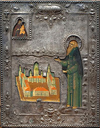 Икона «Преподобный Кирилл Новоезерский, с обителью». Написана около 1849 г. Находилась в Спасо-Всеградском соборе Вологды