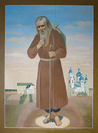 Иконописное изображение А. М. Крайнева на фоне Заоникиевской Владимирской пустыни (автор неизвестен)