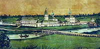 Вид Григориево Пельшемского монастыря с юго-западной стороны. Хромолитография Е.И. Фесенко, 1899 г.
