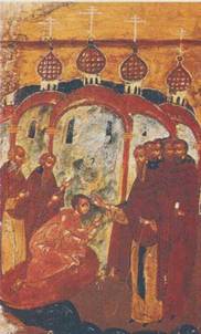 Прибытие отрока Алексия в Спасо-Каменный мон-рь. Клеймо иконы «Прп. Александр Куштский в житии». Нач. XVII в. (УКНМ)