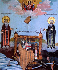 Преподобные Ферапонт и Мартиниан – основатели Ферапонтова монастыря. Икона. XVIII в. 