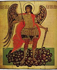 Архангел Михаил.
Иконописцы – Григорий Агеев, Федор Григорьев и Тимофей Петров. 1687 г. Внизу справа подпись: «У сей местной иконы святого архангела Михаила до 1904 года была подпись, которая гласила: «В 1687 году сию икону писал Вологодский изуграф Григорий Агеев»». Происходит из церкви Иоанна Богослова в Вологде. 