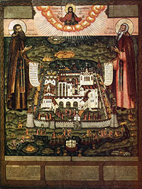 Святые Зосима и Савватий Соловецкие.
Иконописец – Иван Григорьев Марков. 1709 г. Происходит из церкви Константина и Елены в г. Вологде.