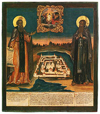 Кирилл Белозерский и Кирилл Новоезерский. Вторая четверть XVIII в. Икона из церкви Иоанна Предтечи в Дюдиковой пустыни г. Вологды.