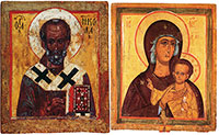 Богоматерь Петровская; Св. Николай Чудотворец. Двусторонняя выносная икона  Конец XIV в. Икона из дореволюционной коллекции Череповецкого музейного объединения.