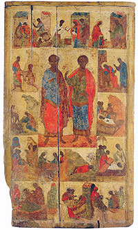 Святые бессребреники Косма и Дамиан, с житием. Первая половина XV в. Икона из Космодамианской церкви в Вологде; позднее находилась в церкви Воскресения на Ленивой площадке.