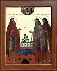 Образ преподобных Афанасия и Феодосия Череповецких, благословляемых преподобным Сергием Радонежским. Икона из Воскресенского собора г. Череповца