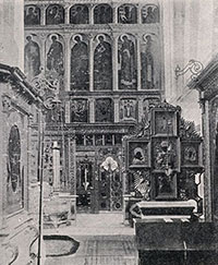 Внутреннее убранство Иоанно-Предтеченской церкви в Дюдиковой пустыни. Фото П. Павлова из кн.: Дунаев Б. И. Северно-русское гражданское и церковное зодчество. Город Вологда. – М.: Тип В.И. Воронова, 1914.