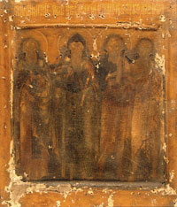 Избранные святые: Димитрий и Игнатий Прилуцкие, Прокопий и Иоанн Устюжские. Икона XVII в. из церкви Рождества Иоанна Предтечи в Дюдиковой пустыни в г. Вологде. Дерево. Паволока. Левкас. Темпера. 31,2 x 27 x 2.