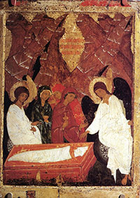 «Жены-мироносицы у гроба». Икона из Корнилиево-Комельского монастыря. Конец XV – начало XVI в. Дерево, темпера. 81 х 59 х 3,5. Находится на хранении Государственном Русском музее.