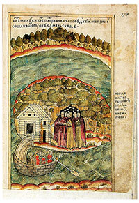 Судно белозерского князя Глеба Васильковича прибивает волной к Каменному острову, на котором он в честь своего спасения поставил деревянную церковь и основал монастырь. 