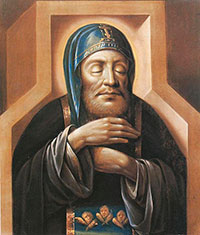 Св. Феодосий (Тотемский) и ангелы. Россия. 1838.
На оборотной стороне: светлейшему князю Александру Аркадьевичу Италийскому графу Суворову рымникскому от тотемского Спасосуморина монастыря. Ноября 1838 г.
Дерево, масло. 16 х 13.8
Государственный мемориальный музей А. В. Суворова, Санкт-Петербург. Инв. № МС 217718
Икона из церкви в селе Кончанском.