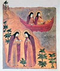 Встреча преподобных Зосимы и Германа, отъезд на Соловецкий о-в. Миниатюра из Жития преподобных Зосимы и Савватия Соловецких. Кон. XVI в. (ГИМ. Вахр. № 71. Л. 28 об.)