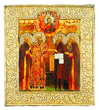 Соловецкие чудотворцы: пр. Герман, свт. Филипп, преподобные Зосима и Савватий. Икона. 2-я пол. XVII в. (ГММК)