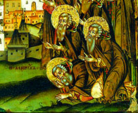 Преподобные Даниил Шужгорский (в земном поклоне), Иродион Илоезерский и Филипп Ирапский. Фрагмент иконы «Собор Белозерских святых». Нач. XVIII в. (ЦМиАР)