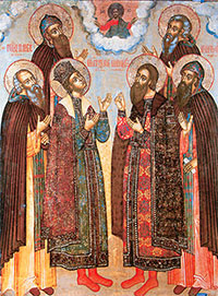 Угличские святые (Свв. Царевич Димитрий и князь Роман Угличский, Паисий Угличский и Игнатий Прилуцкий и Угличский, Кассиан Учемский и Варлаам Улейминский). Икона. Россия. Начало XVIII в. Угличский музей