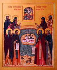 Собор преподобных отцов Спасо-Каменного монастыря (св. Пахомий Каменский, св. Александр Куштский, св. Петр Каменский, св. Иоасаф Каменский, св. Евфимий Сянжемский, св. Василий Каменский, св. Кассиан Каменский, игумен, св. Дионисий Глушицкий). Икона