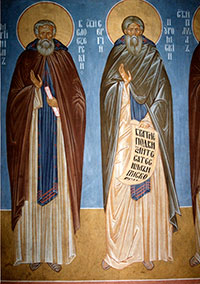 Св. Мартиниан Белозерский и св. Сергий Нуромский. Нижний ряд росписи в церкви Покрова на Козлене. Иконописец А. Ю. Демидов.