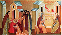 Монашеский постриг св. Нила. Св. Нил отдан в научение старцу Паисию. Клеймо иконы XXI в.