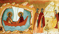 Св. Нил и св. Иннокентий в пути на гору Афон. Святые изучают виды жития монашеского. Клеймо иконы XXI в.