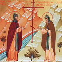Св. Нил со св. Иннокентием пришли на реку и водрузили крест. Клеймо иконы XXI в.