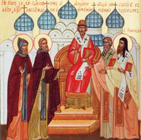 Св. Нил со св. Иосифом на Соборе 1503 года рассуждают о имении монастырском. Клеймо иконы XXI в.
