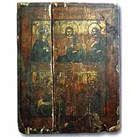 Расколотая икона примитивного «северного письма» из квартиры Николая Рубцова. В воспоминаниях и некоторых исследованиях жизни поэта она фигурирует как «образ Николы Чудотворца»