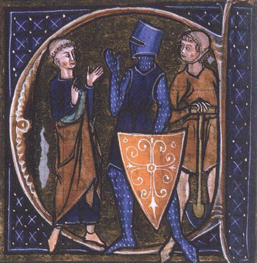 Три сословия средневекового общества: священник, рыцарь и крестьянин. Инициал в средневековом манускрипте