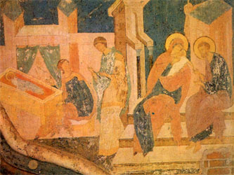 Дионисий. Ласкание и Сон Богородицы. Фреска на Западной стене собора в Ферапонтовом монастыре. 1502 г.